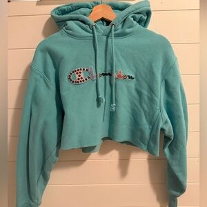 Champion Women's Teal Cropped Hoodie Size Small